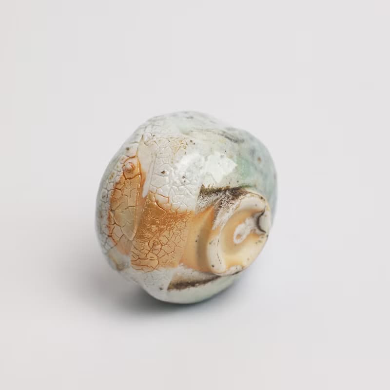 明芽窯 l 柴燒縮志野小茶碗 水藍 藍 縮釉 陶器 陶杯 陶藝品 T