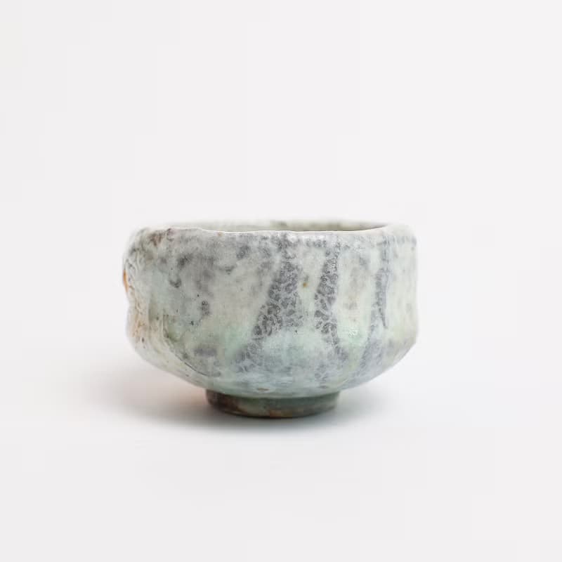 明芽窯 l 柴燒縮志野小茶碗 水藍 藍 縮釉 陶器 陶杯 陶藝品 T