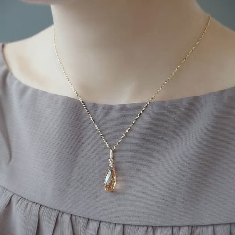 限量現貨- 天然黃水晶 長圓水滴 古董純 14K 金墜 | 14Kgf 包金鍊