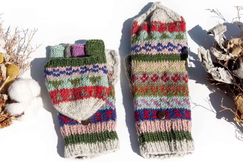 手織純羊毛針織手套/可拆卸保暖手套/內刷毛手套/觸控手套-北歐