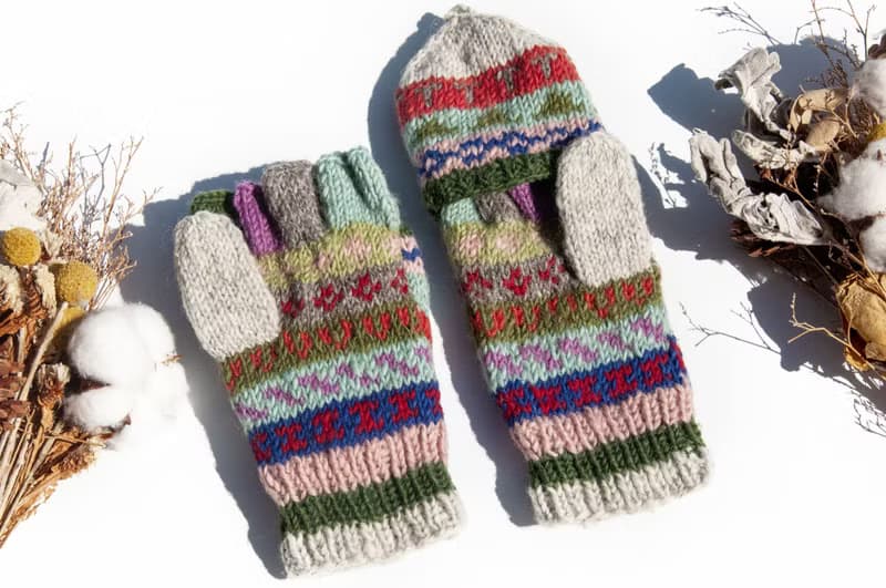 手織純羊毛針織手套/可拆卸保暖手套/內刷毛手套/觸控手套-北歐