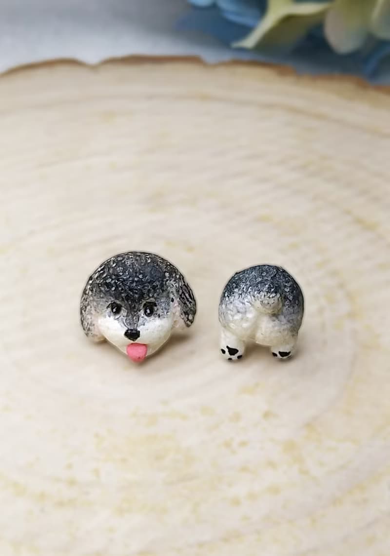 全手制 灰色 吐舌貴賓犬 貴婦狗 耳釘/耳夾