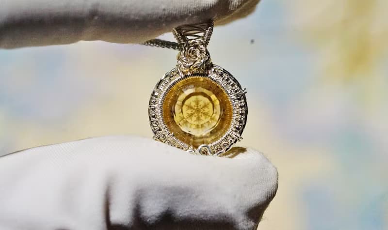 純手工銀繞線黃水晶出口雕刻版雪花吊墜項鍊