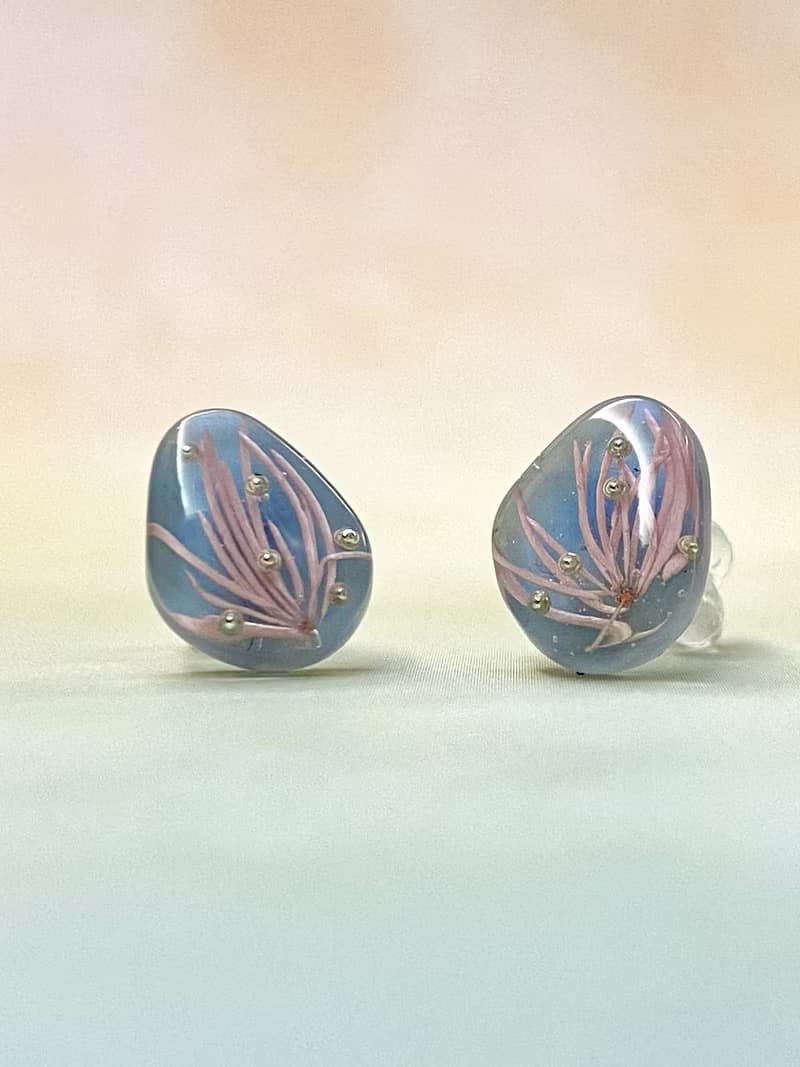 粉紅蓬萊松 樹脂耳環 925純銀鍍18K金耳針 可改耳夾