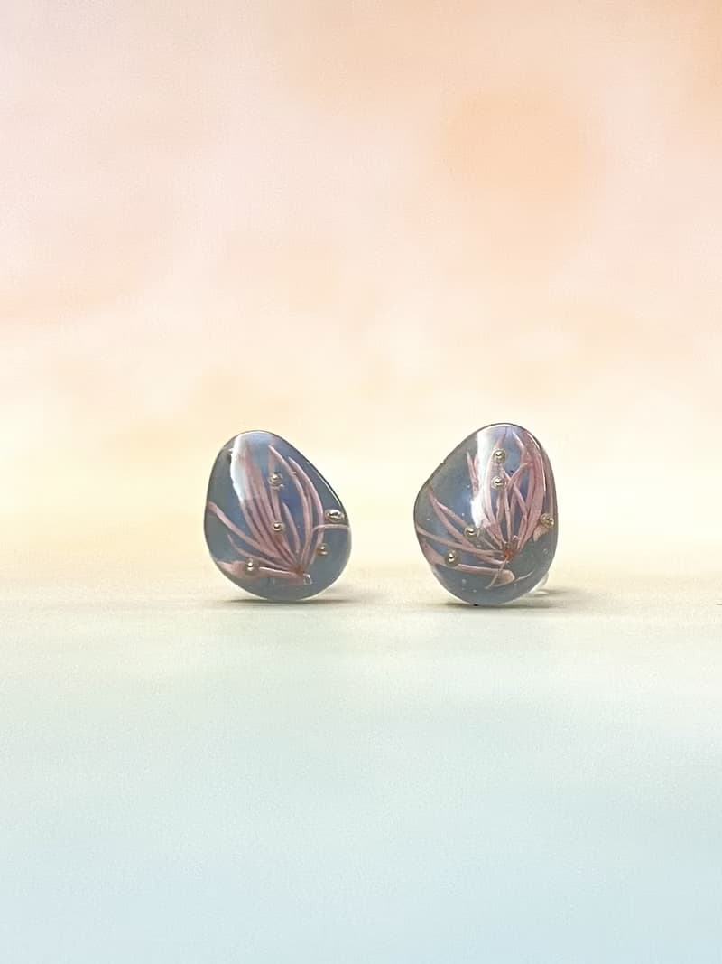 粉紅蓬萊松 樹脂耳環 925純銀鍍18K金耳針 可改耳夾