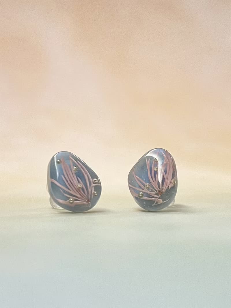粉紅蓬萊松 樹脂耳環 925純銀鍍18K金耳針 可改耳夾
