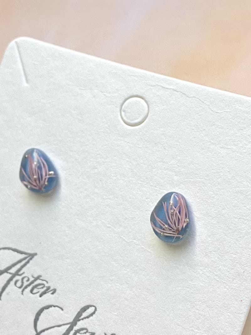 粉紅蓬萊松 樹脂耳環 925純銀鍍18K金耳針 可改耳夾