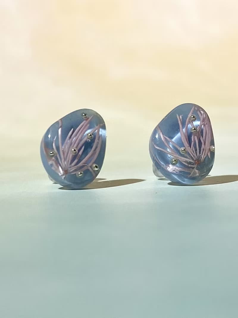 粉紅蓬萊松 樹脂耳環 925純銀鍍18K金耳針 可改耳夾