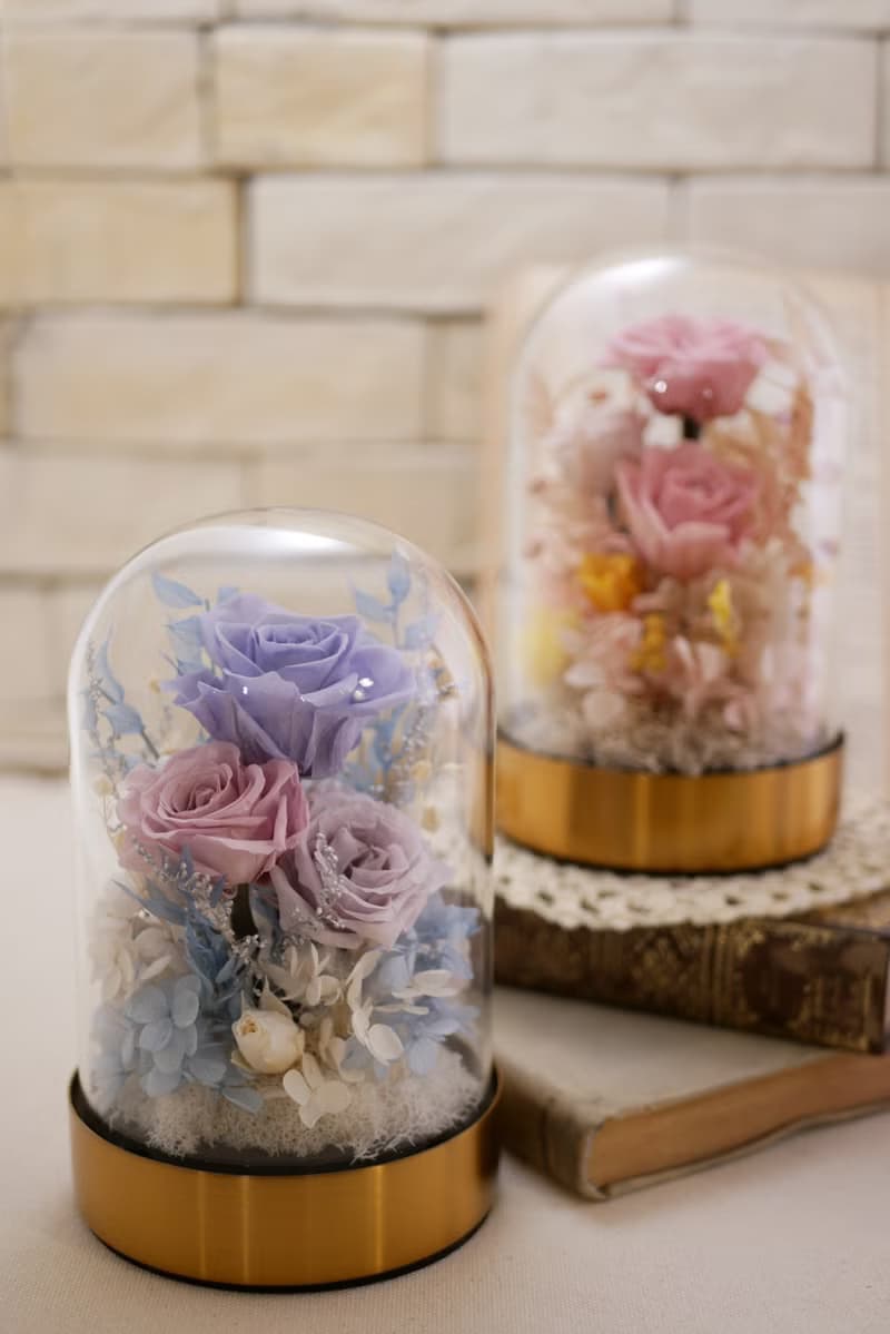 永生花金屬玻璃花盅-玫瑰系