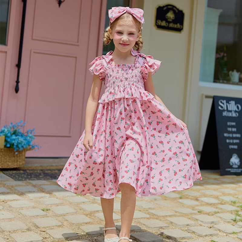 Rose Bow Smoked Dress - Light Pink