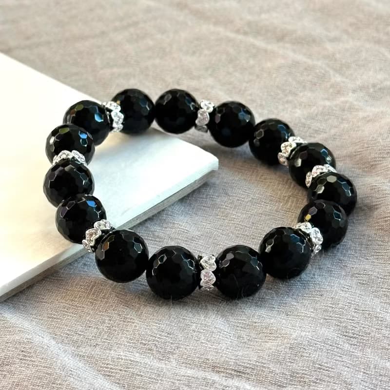 【獅子處女】黑瑪瑙切角鍍銀手鏈 男士手鍊 情侶手鍊 情人節禮物