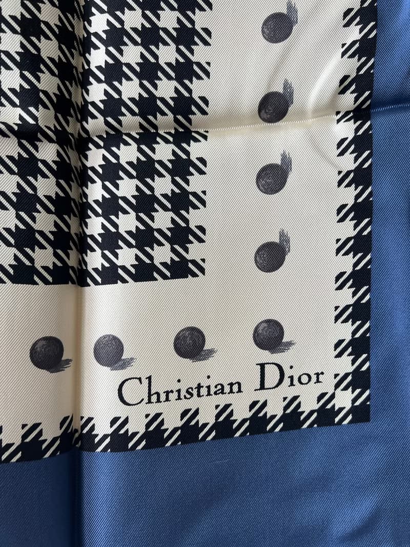 Dior藍色千鳥格圍巾絲巾 原裝盒 日本中古vintage