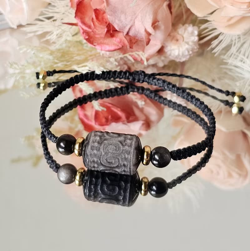 曜盾‧守護手鍊-平安月系列/水晶蠟線編織款-銀曜石/守護/避邪