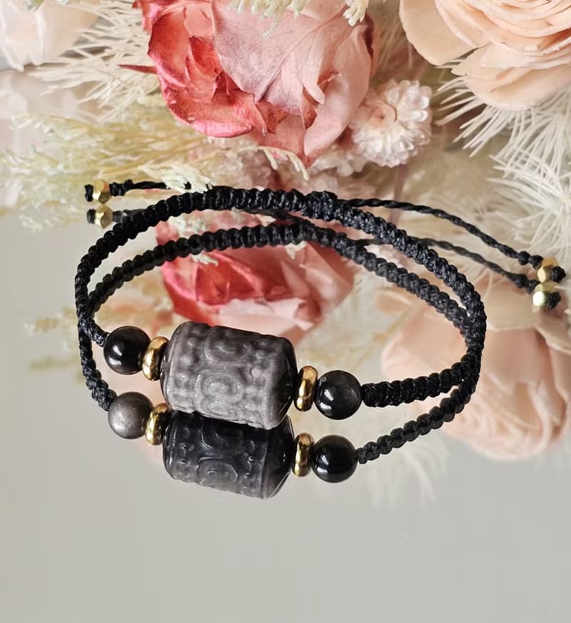 曜盾‧守護手鍊-平安月系列/水晶蠟線編織款-銀曜石/守護/避邪