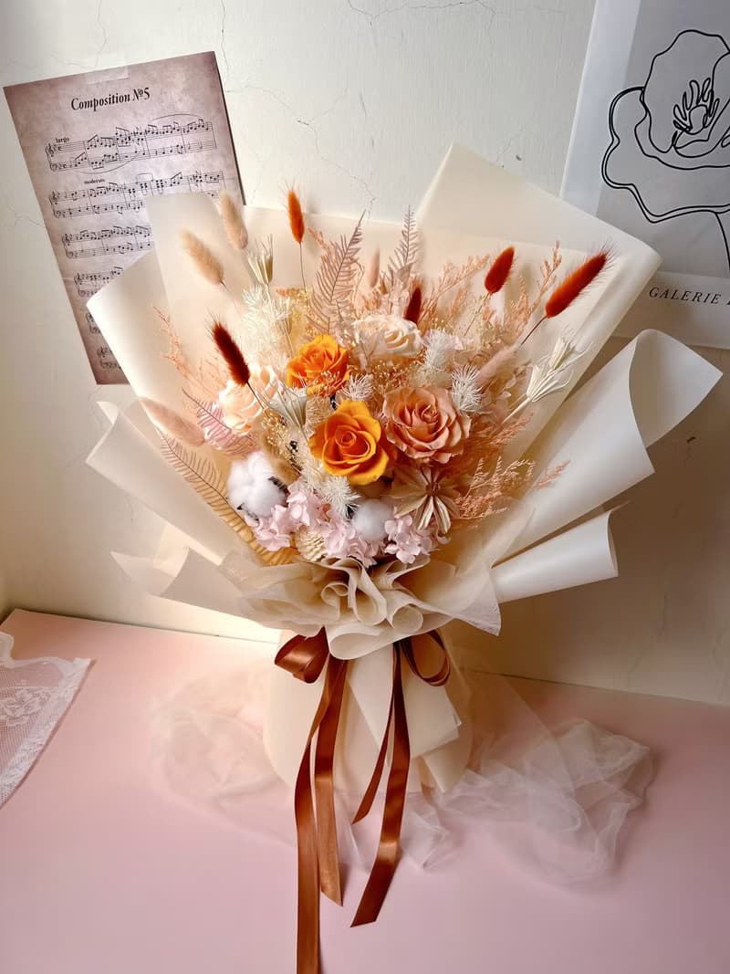 【flower-of-life】珊瑚橘色調永生大花束 日本永生玫瑰 生日花束