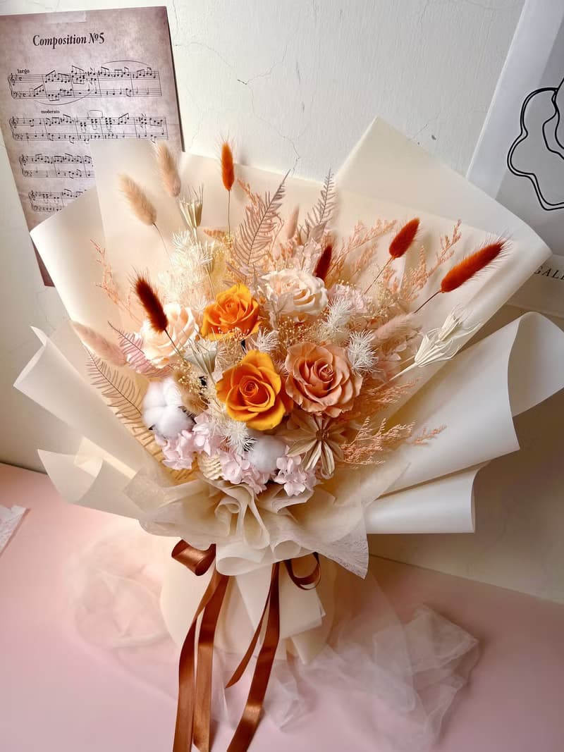 【flower-of-life】珊瑚橘色調永生大花束 日本永生玫瑰 生日花束