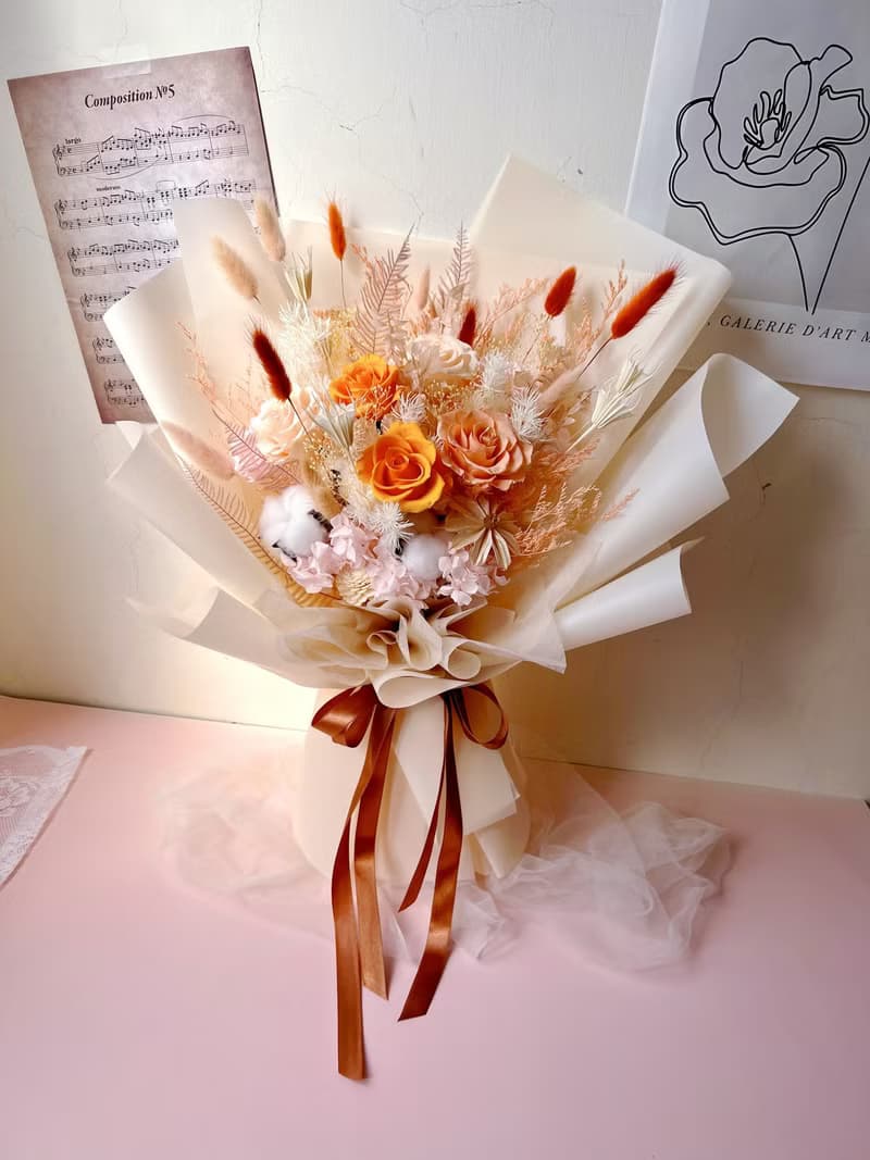 【flower-of-life】珊瑚橘色調永生大花束 日本永生玫瑰 生日花束