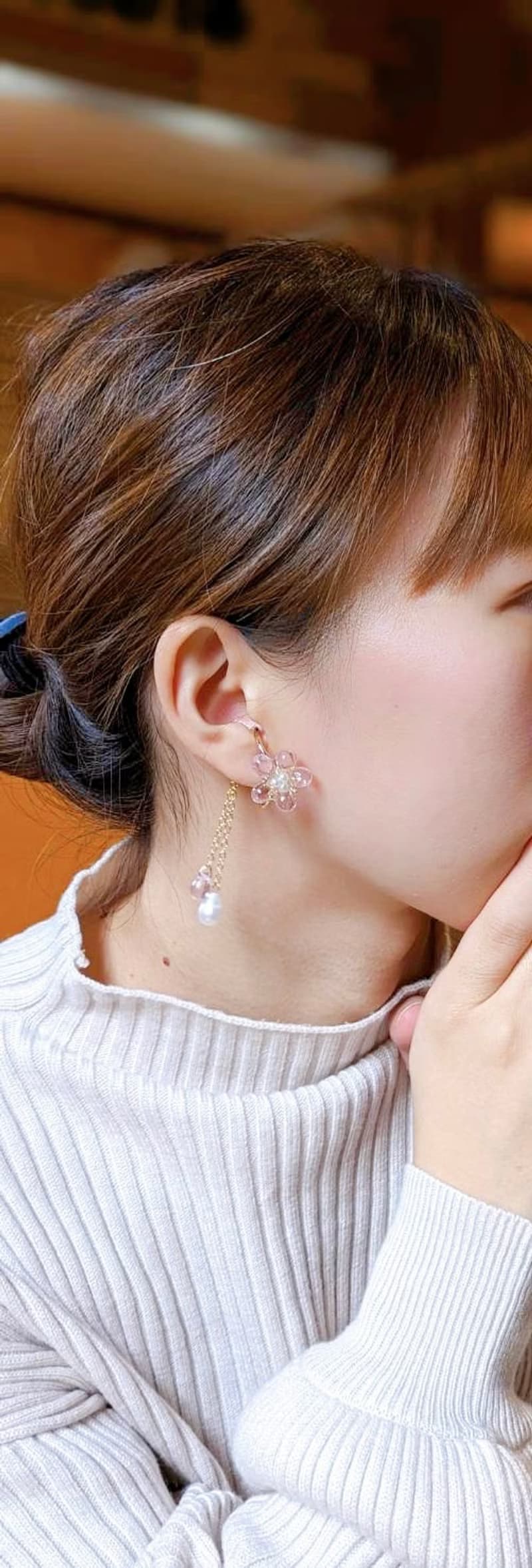 桜色　チェコガラスの桜イヤーカフ　2way淡水パール　両耳セット