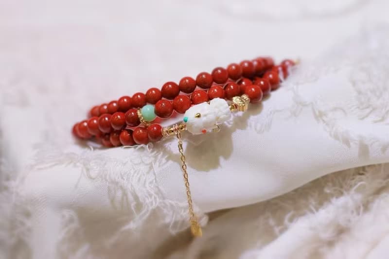 天然川料南紅手鏈 多圈南紅搭配猛獁象牙度母翡翠本命年必備 生日
