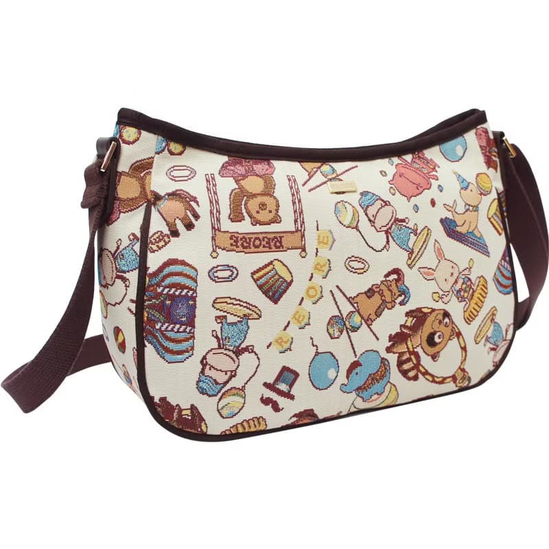 半月包  彎月斜背包 防潑水 平織緹花 開心馬戲團(米)