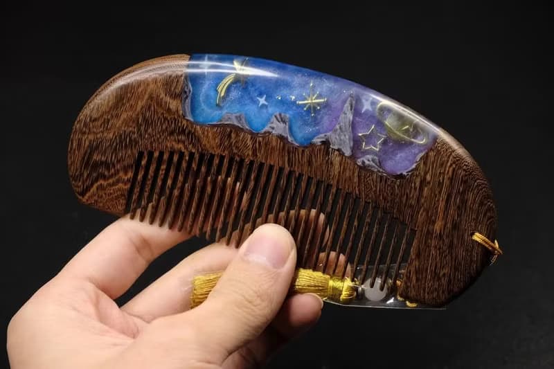 星空、手作樹脂木質梳子、防靜電髮梳、自然系造型工具、女生禮物