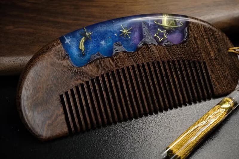 星空、手作樹脂木質梳子、防靜電髮梳、自然系造型工具、女生禮物