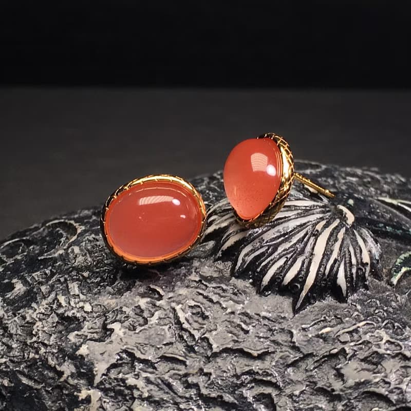 精品天然南紅耳墜 冰粉 冰冰透透 晶體干淨 直徑9.8*7.8mm