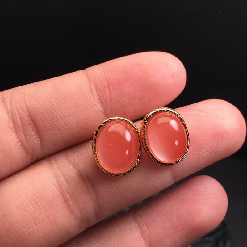 精品天然南紅耳墜 冰粉 冰冰透透 晶體干淨 直徑9.8*7.8mm