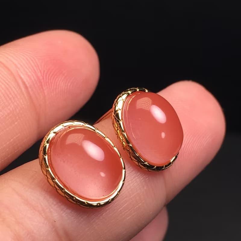 精品天然南紅耳墜 冰粉 冰冰透透 晶體干淨 直徑9.8*7.8mm