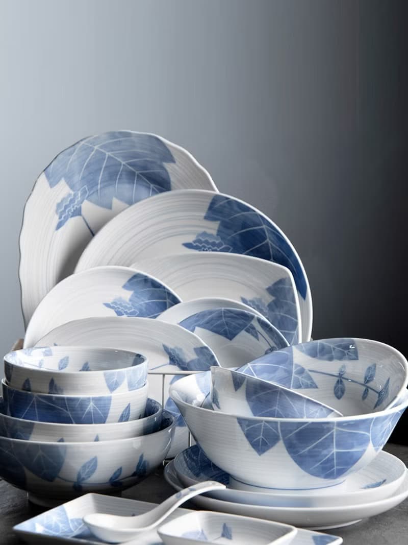 高端日式花影陶瓷餐具套裝 釉下彩菜盤飯碗西餐盤禮盒裝