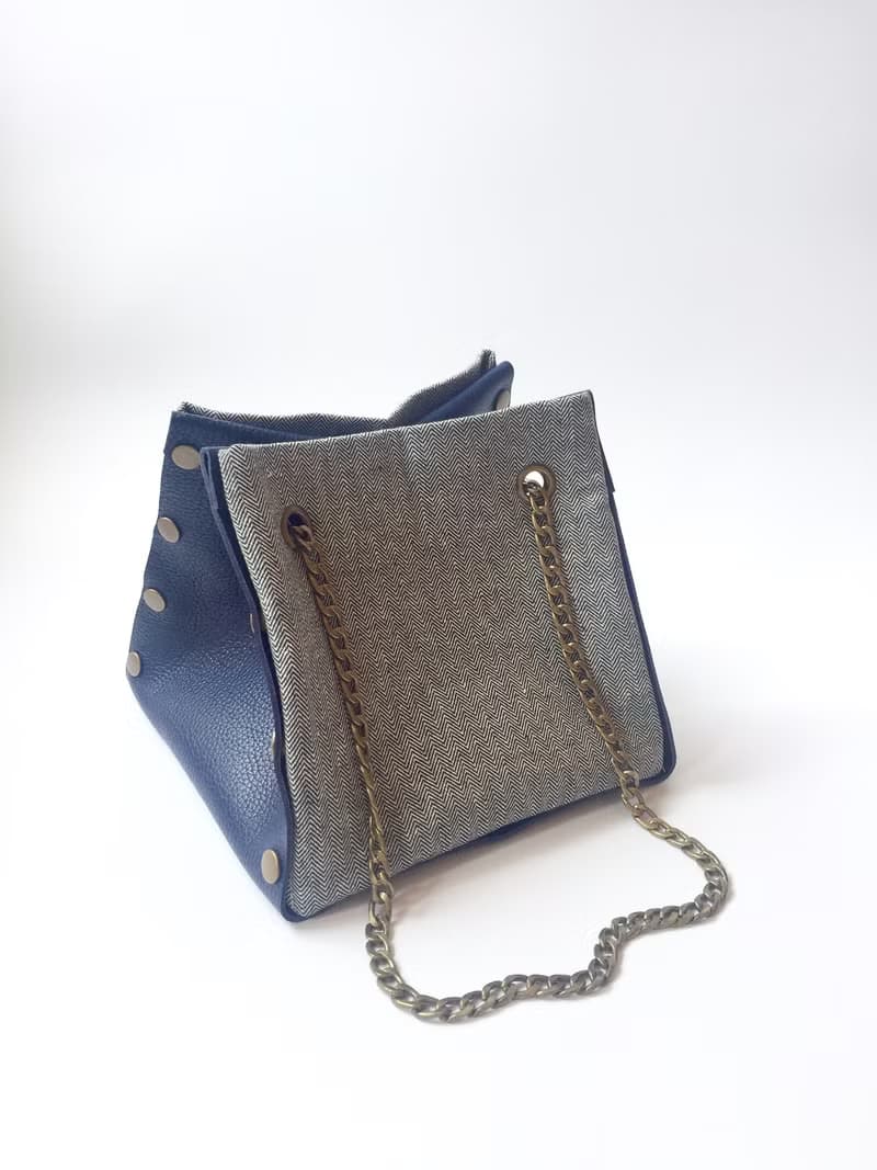 自由組合式 小方形皮革拼布手袋  藍色皮革 布料隨時替換