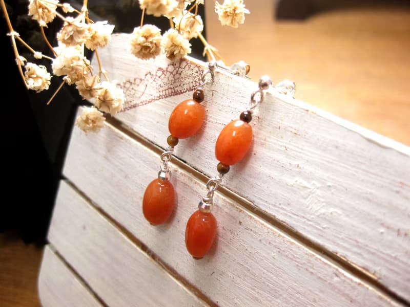 純銀設計耳環 紅東菱玉+虎眼石+紅髮晶+925銀(耳針)