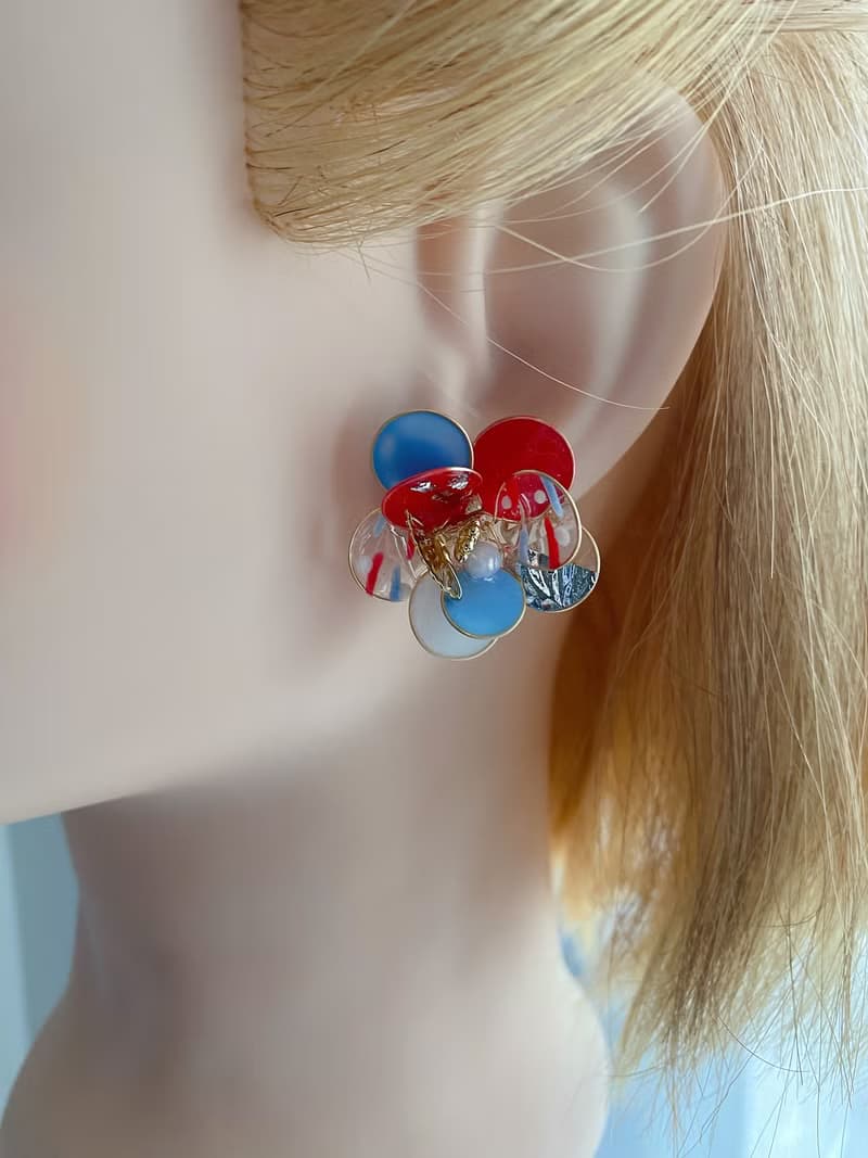 紅白藍三色銅線花、耳環、耳夾