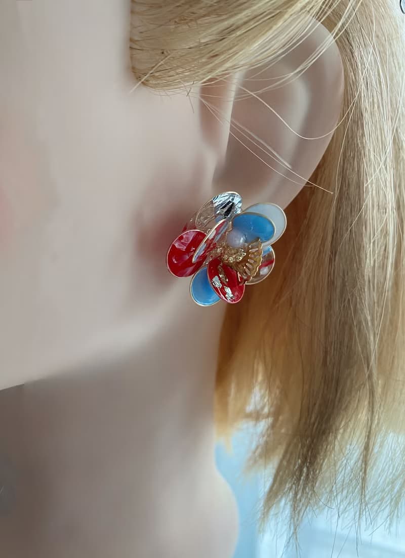 紅白藍三色銅線花、耳環、耳夾