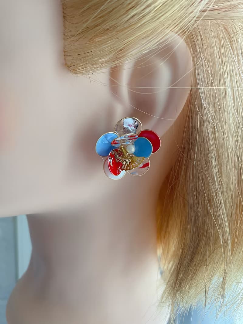 紅白藍三色銅線花、耳環、耳夾