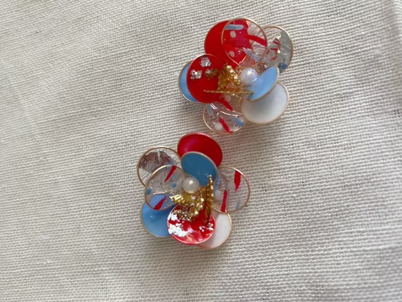 紅白藍三色銅線花、耳環、耳夾