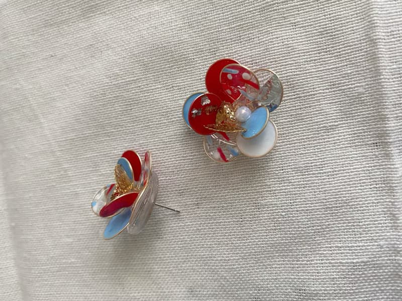紅白藍三色銅線花、耳環、耳夾