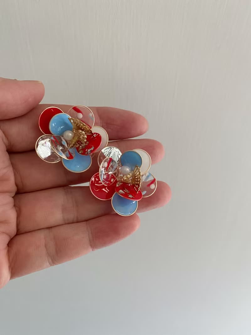 紅白藍三色銅線花、耳環、耳夾