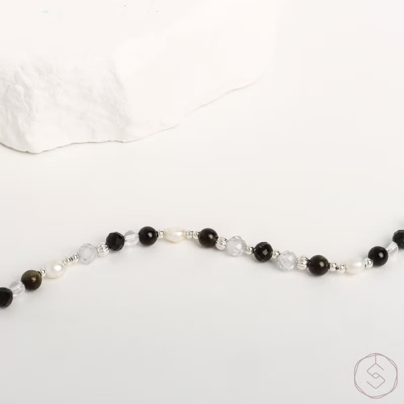曙光 | 金曜石 淡水珍珠 白水晶 S925純銀 | 天然水晶手鍊