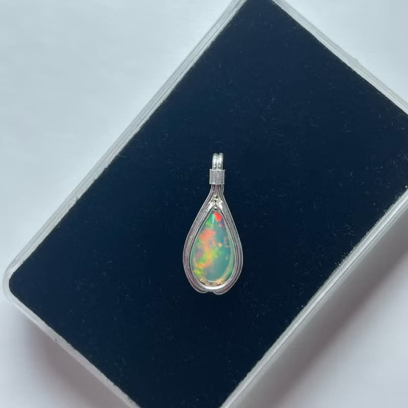 歐泊水滴吊墜十月生辰石誕生石項鍊 手工純銀鑲嵌天然石項鍊