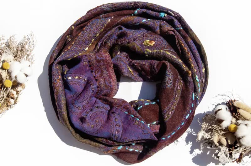 喀什米爾Cashmere/水煮羊毛披肩/針織圍巾/刺繡圍巾/羊絨披巾-花
