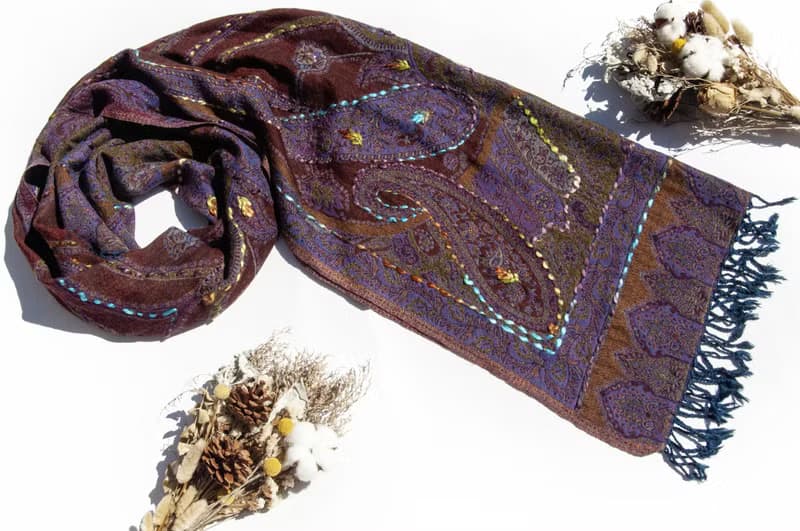 喀什米爾Cashmere/水煮羊毛披肩/針織圍巾/刺繡圍巾/羊絨披巾-花