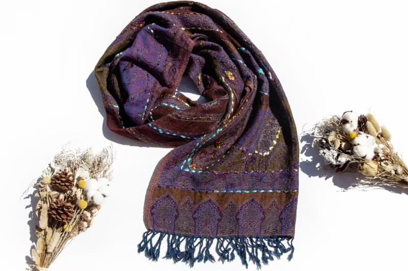 喀什米爾Cashmere/水煮羊毛披肩/針織圍巾/刺繡圍巾/羊絨披巾-花