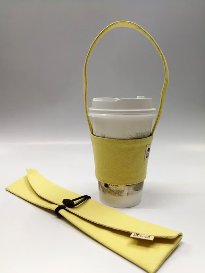 環保筷袋杯套組~手提式飲料杯套 餐具組收納袋 筷套(黃色)F08-005