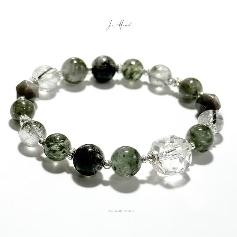 黎明的森林秘境-綠幽靈.黑髮晶 白水晶-純銀設計款