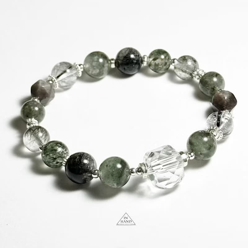 黎明的森林秘境-綠幽靈.黑髮晶 白水晶-純銀設計款