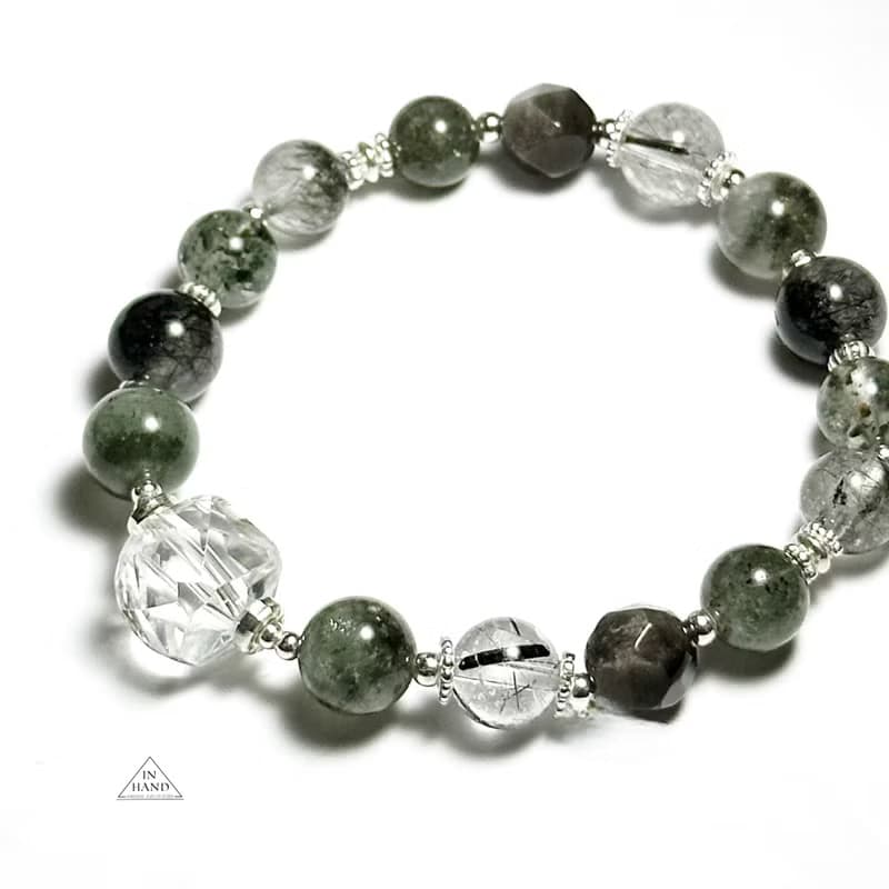 黎明的森林秘境-綠幽靈.黑髮晶 白水晶-純銀設計款