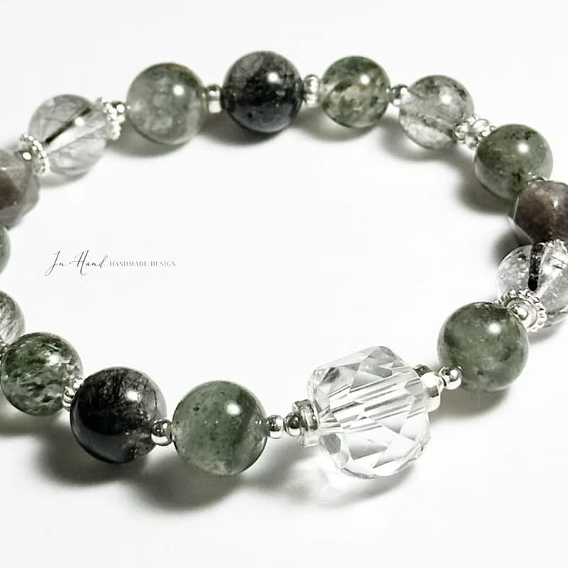 黎明的森林秘境-綠幽靈.黑髮晶 白水晶-純銀設計款