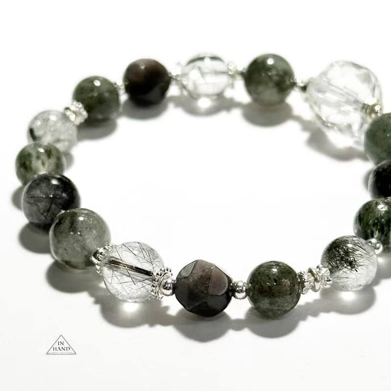 黎明的森林秘境-綠幽靈.黑髮晶 白水晶-純銀設計款