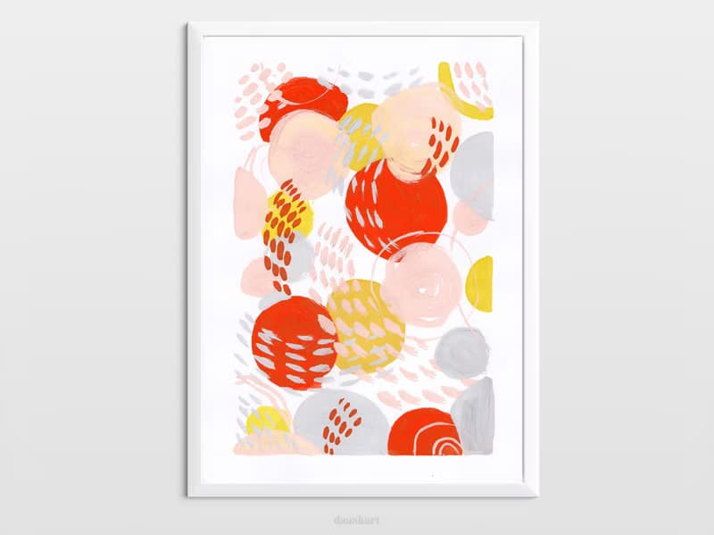 Red yellow pink gray blushes abstract wall art original painting gouache artwork